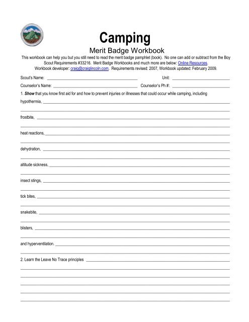 boy scout camping merit badge worksheet answers