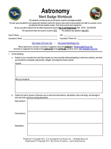 Astronomy Merit Badge Worksheet
