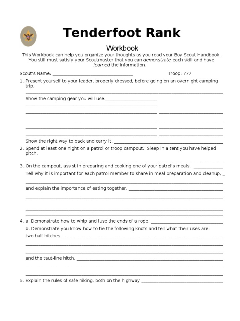 boy scout tenderfoot worksheet