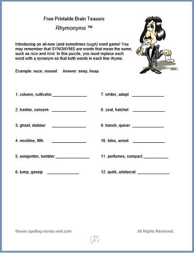 Free Printable Brain Teasers : Rhymonyms!