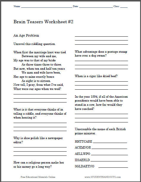 brain teasers worksheet 2 answers