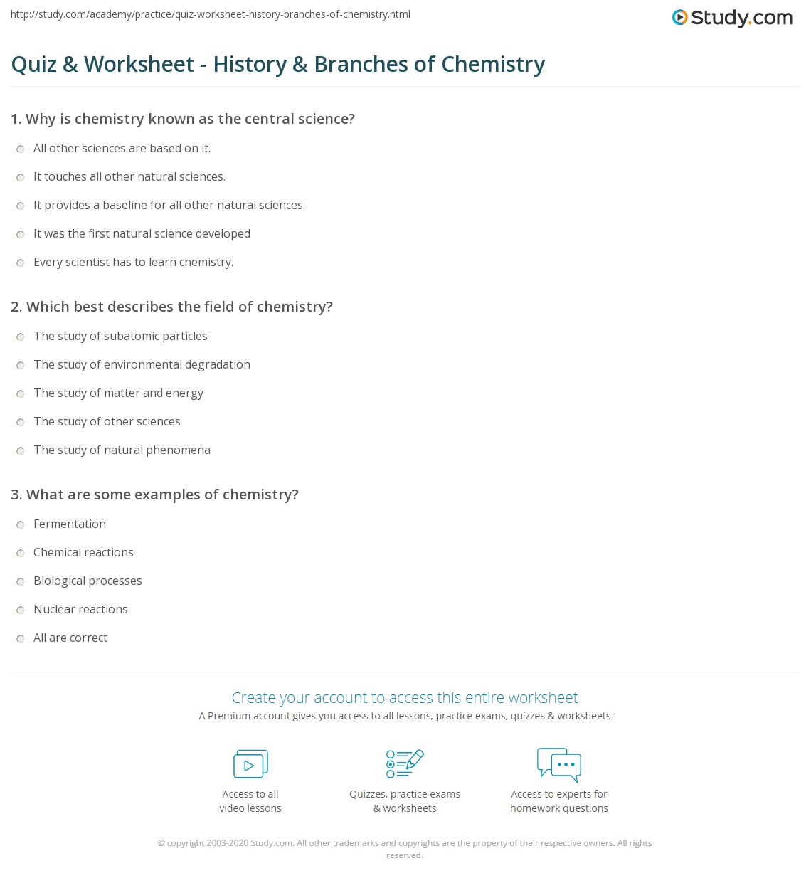 branches of chemistry worksheet