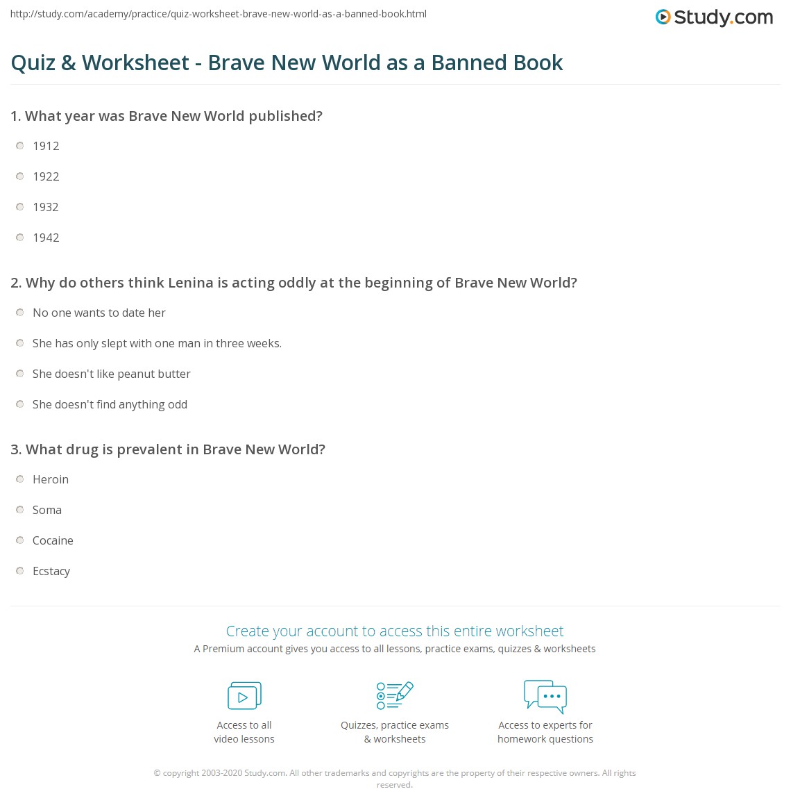 Quiz &  Worksheet - Brave New World as a Banned Book | Study.com