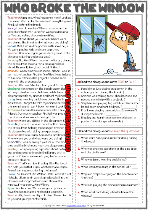 Past Continuous ESL Dialogue Comprehension Exercises Worksheet