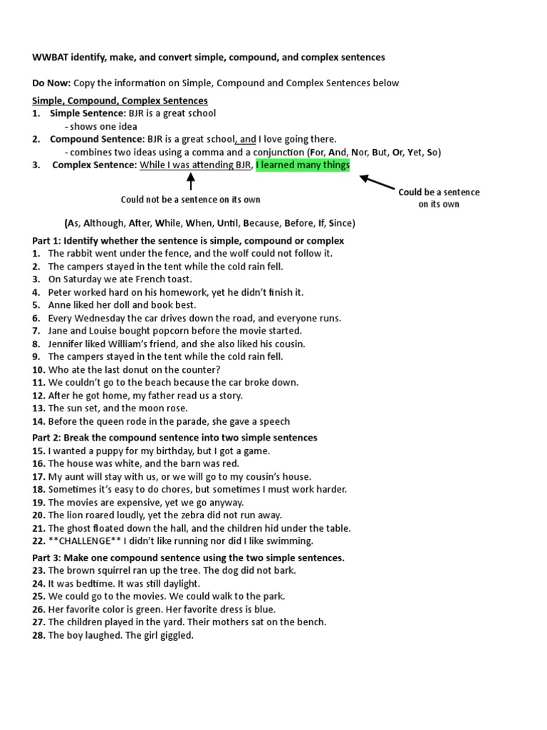 breaking down a sentence worksheet college