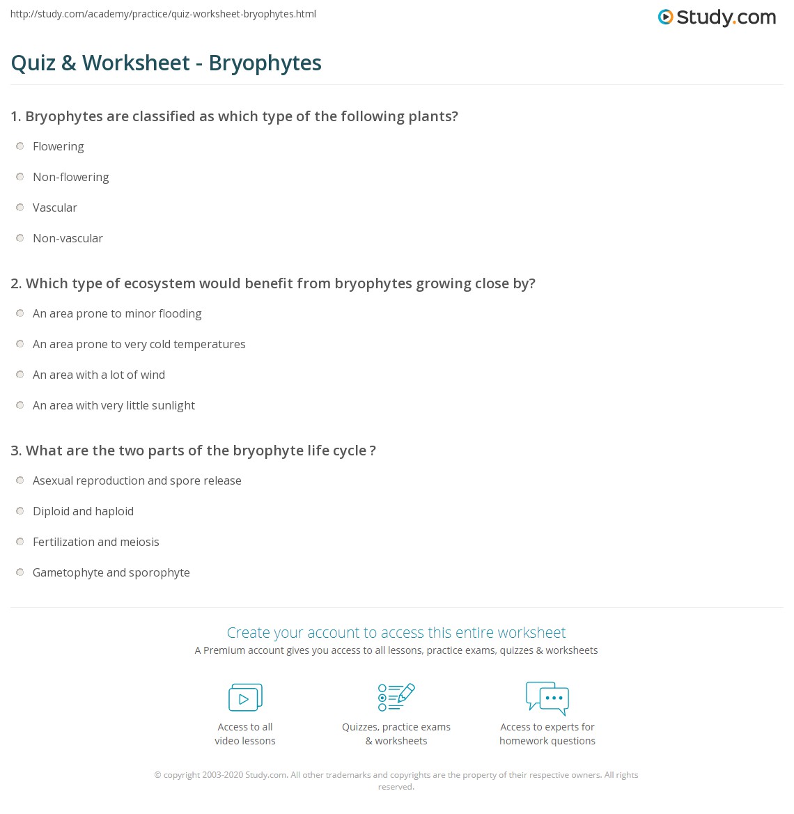 Quiz &  Worksheet - Bryophytes | Study.com