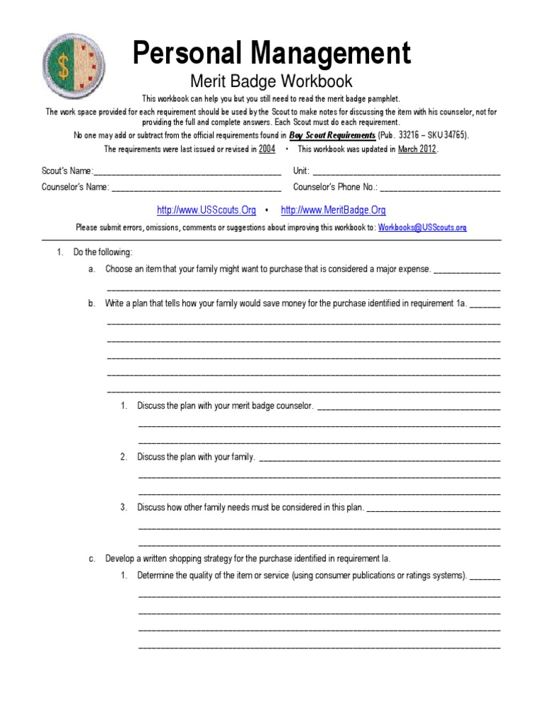 Personal Management BSA Merit Badge Worksheets PDF Boy Scouts Personal Management BSA Merit Badge Worksheets PDF Boy Scouts