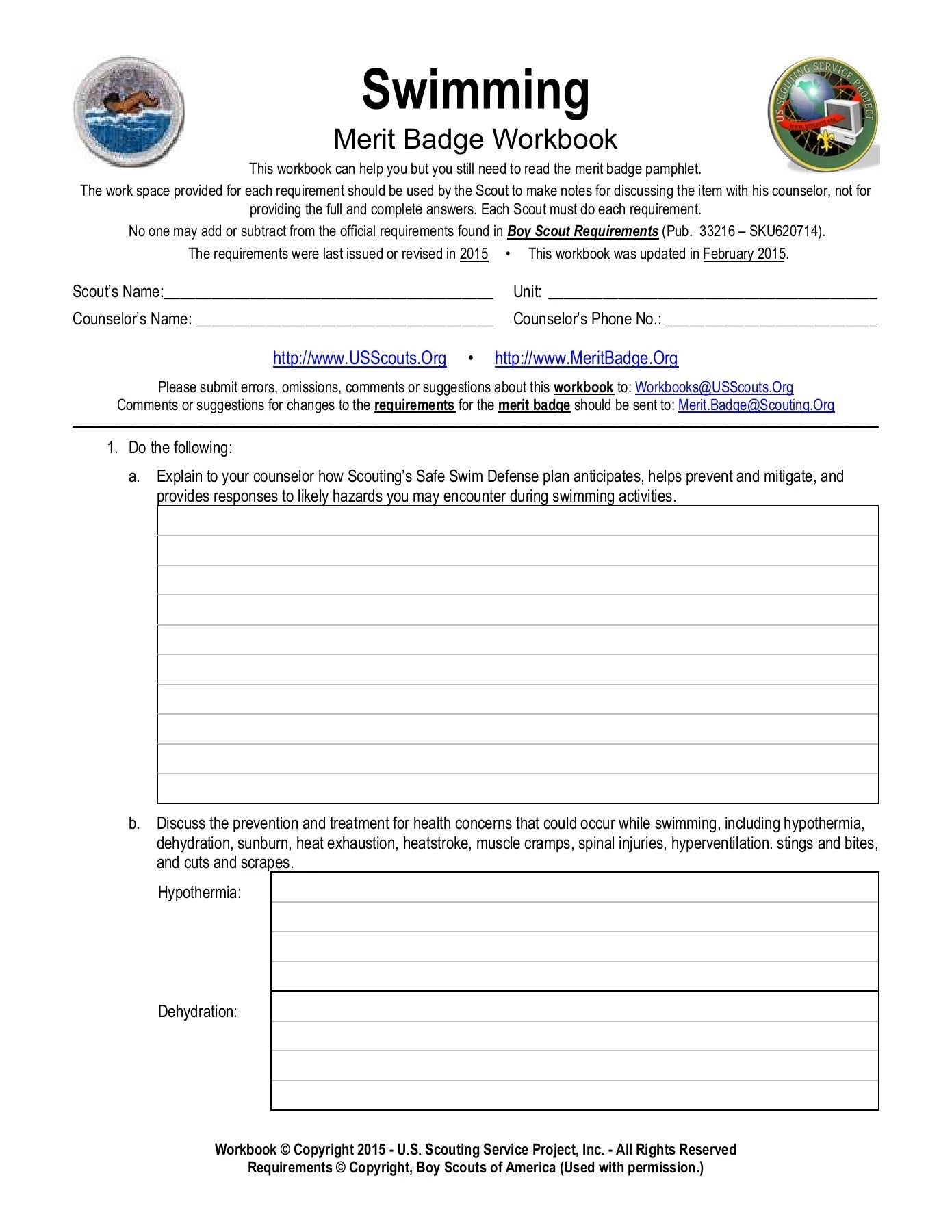 bsa swimming merit badge worksheet