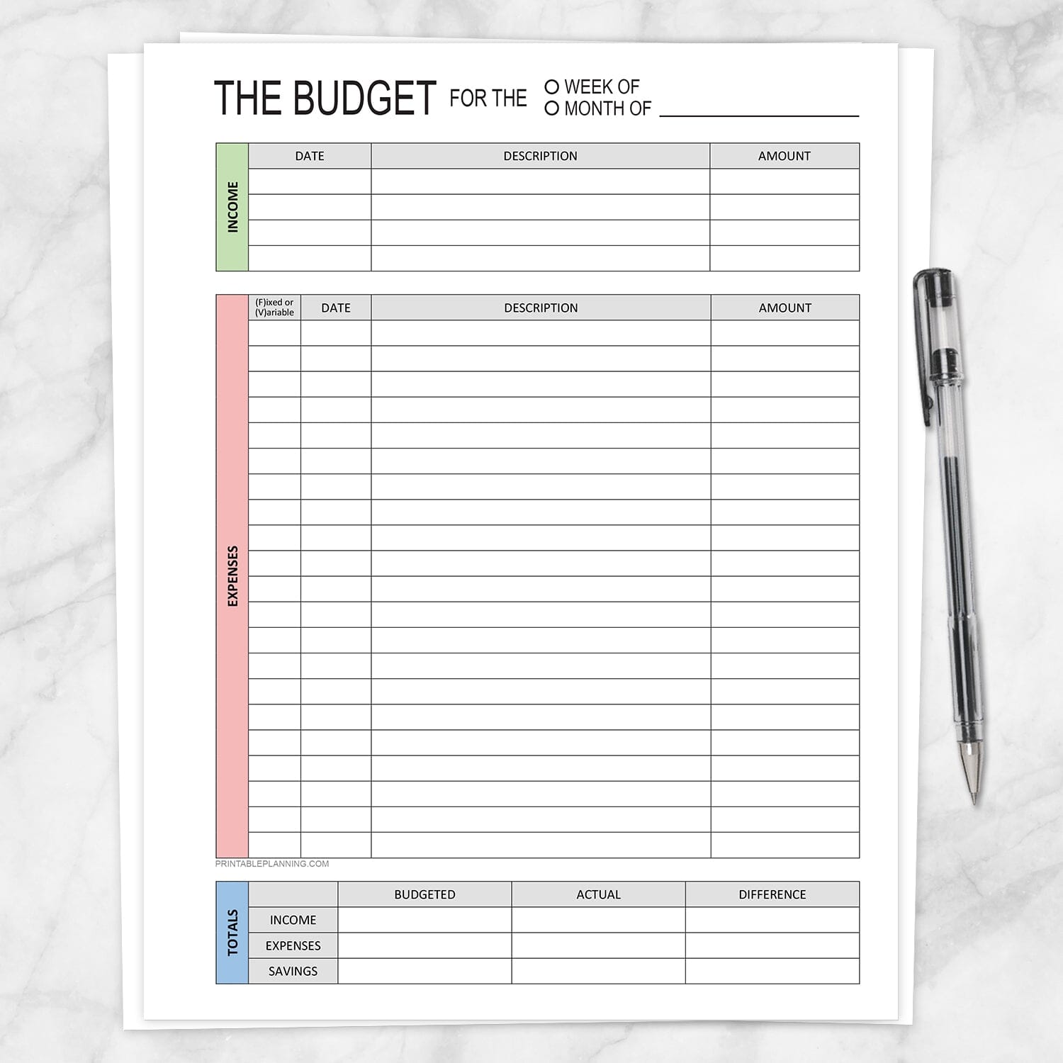 Budget Worksheet - Weekly or Monthly, Green Red Blue - Printable ...