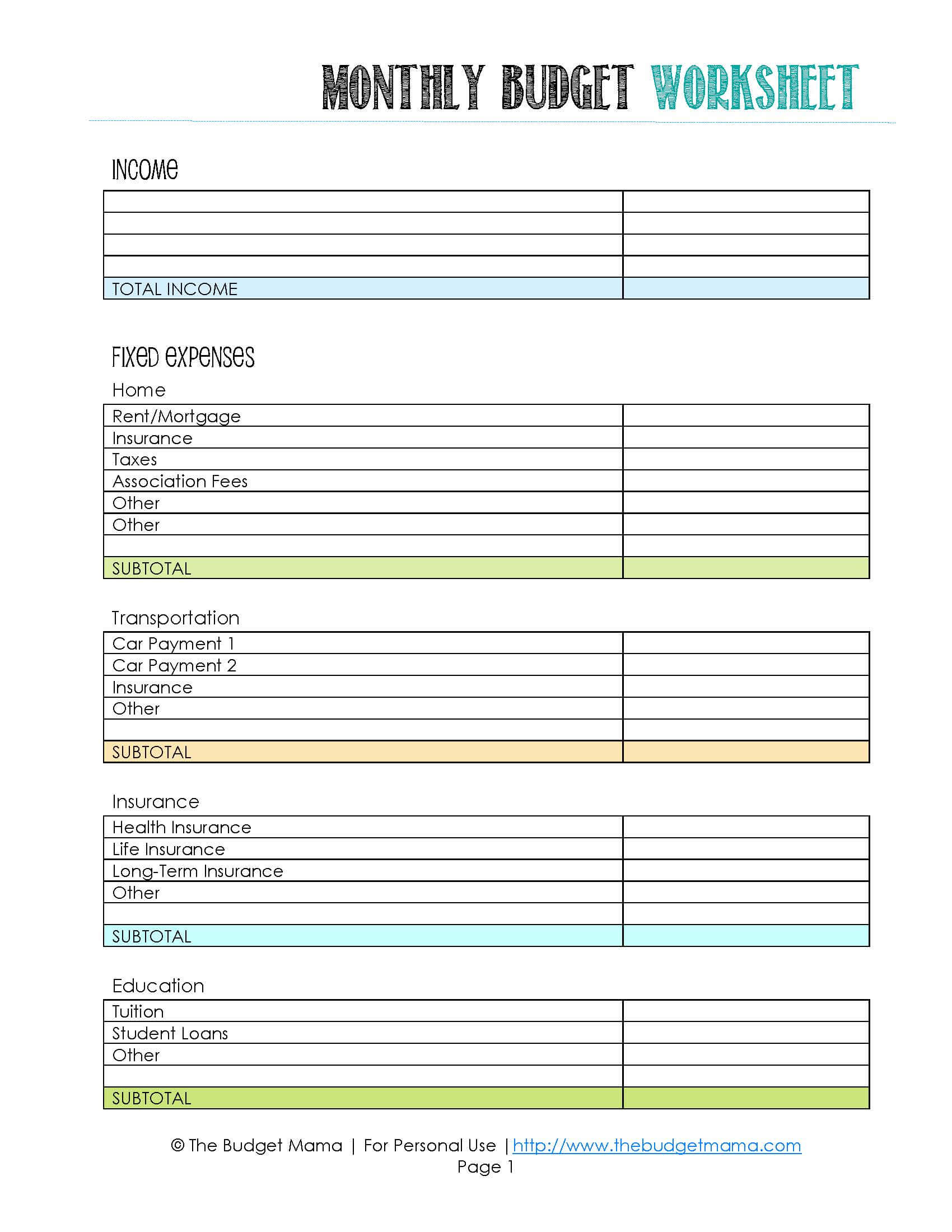 budget practice worksheet