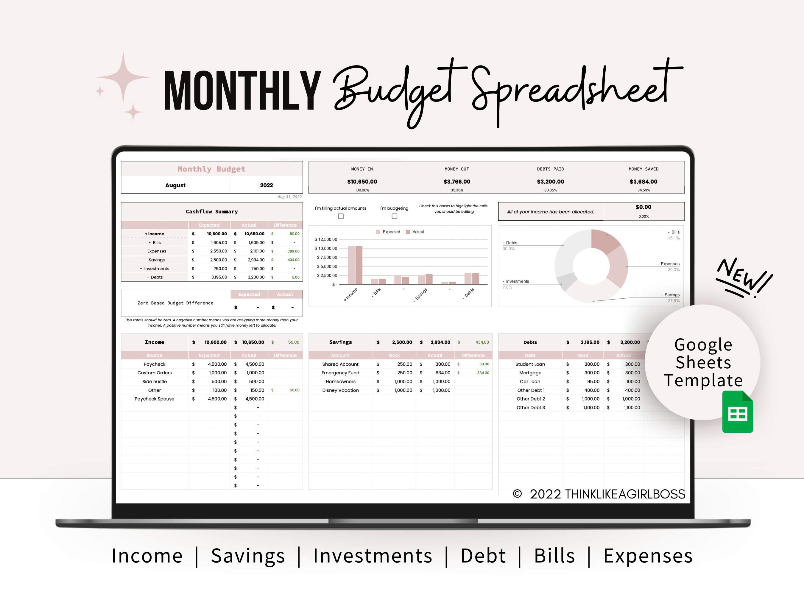 Monthly Budget Spreadsheet - V2 Pink - Think Like A Girl Boss