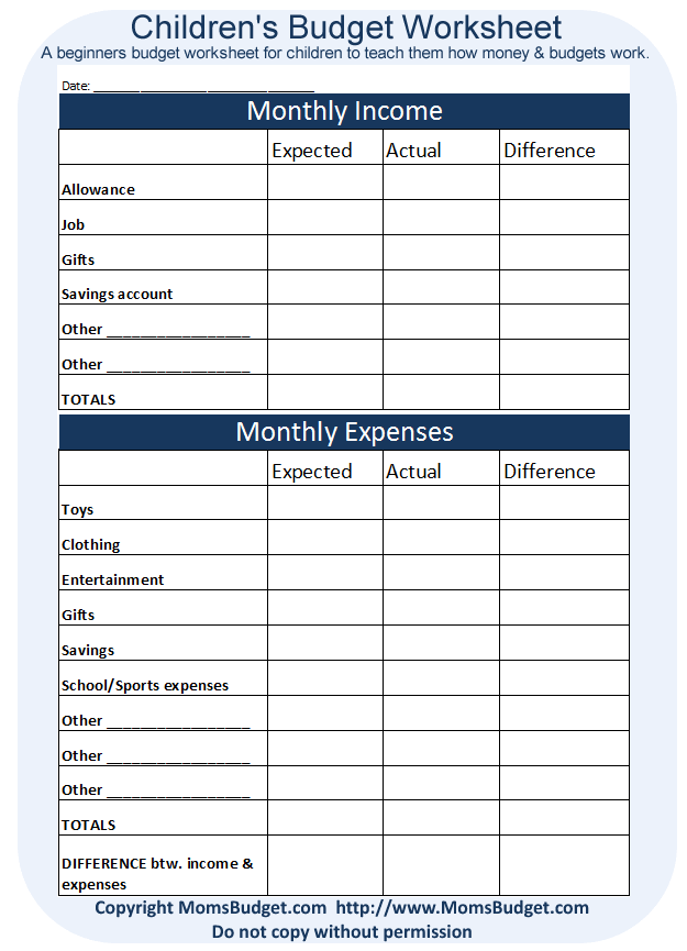 Kids Budget Worksheet Blue: Your Childs First Step Toward ...