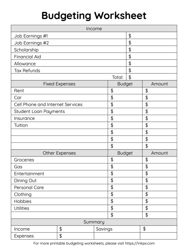budget worksheet for students