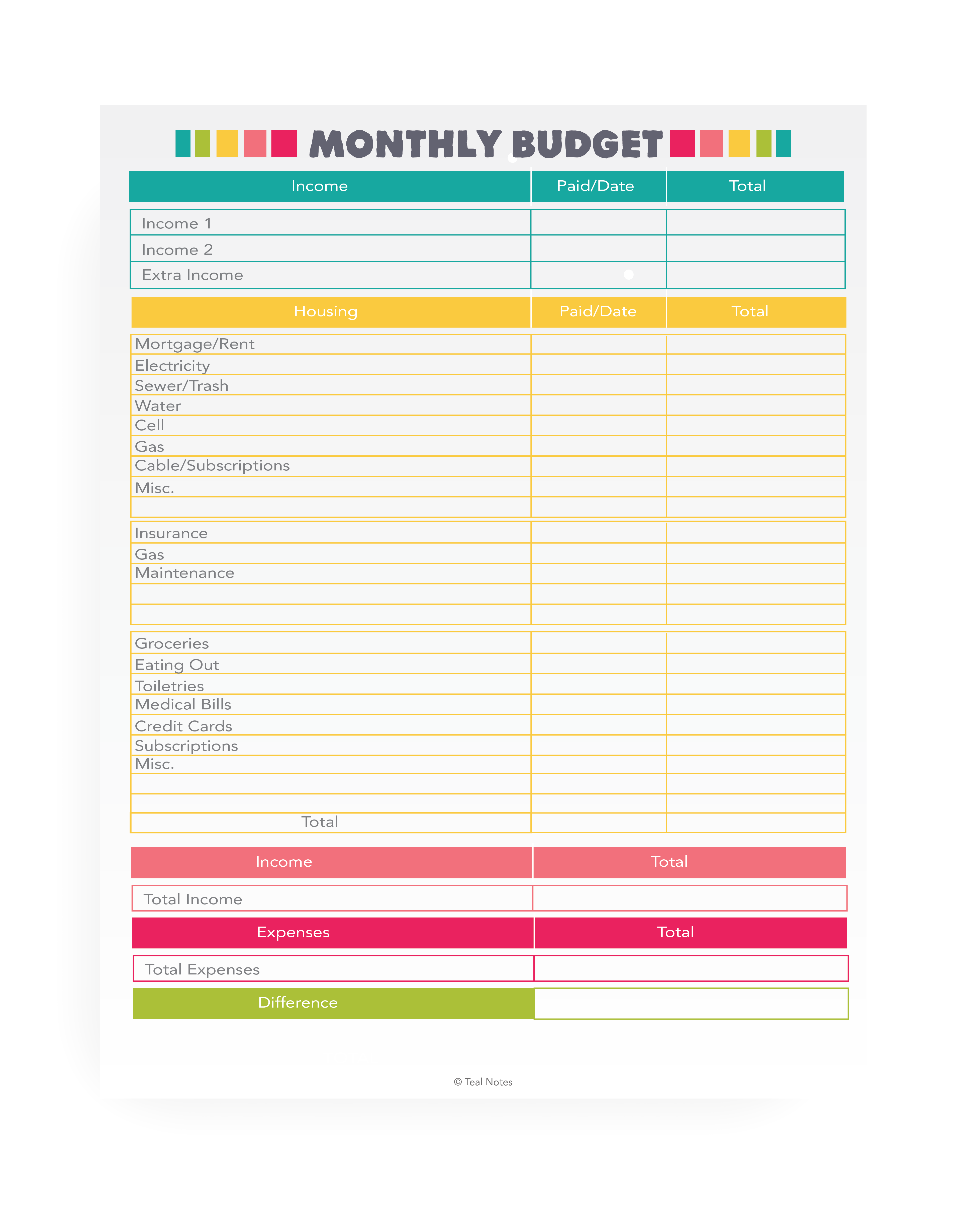Mini Budget Kit - Teal Notes