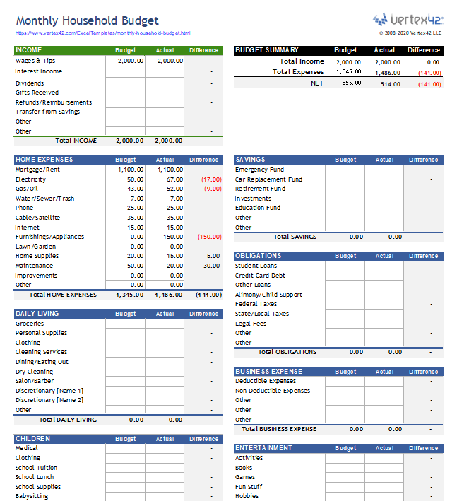 Household Budget Worksheet for Excel