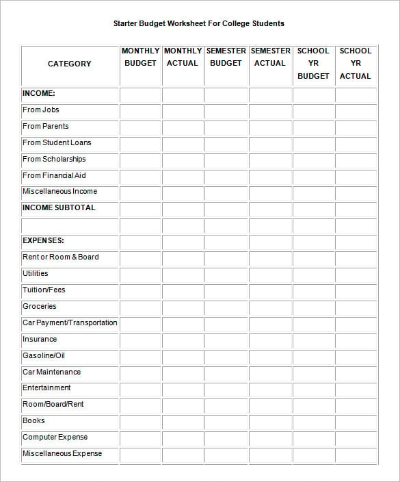 budgeting worksheet for college students