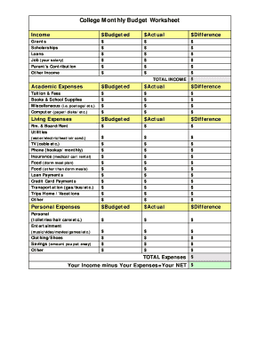 budgeting worksheet for college students