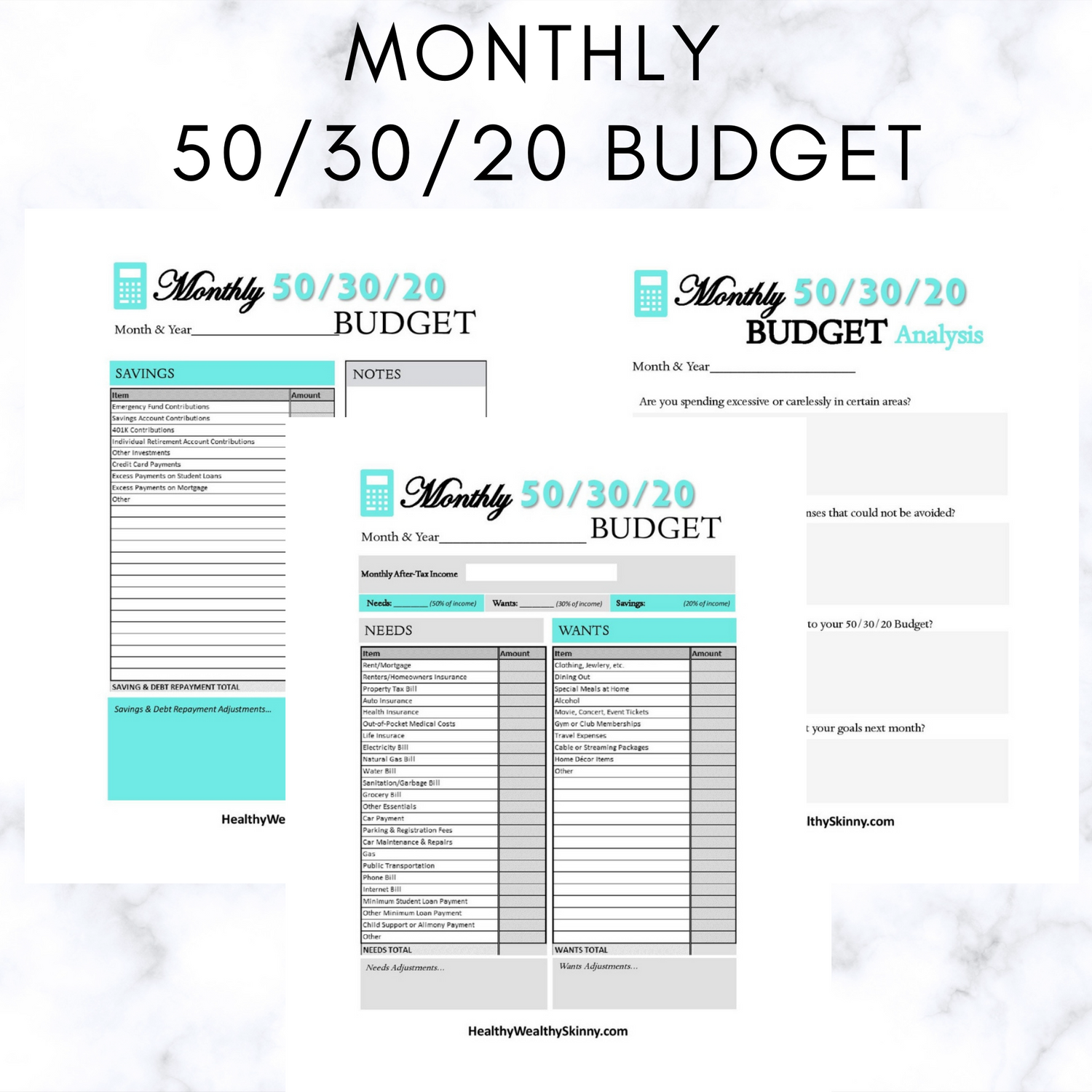 Monthly 50/30/20 Budget Worksheet PDF (Available In Various Colors)