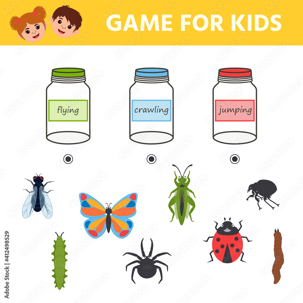 Game for kids. Distribute the insects to the jars. Flies, crawls ...
