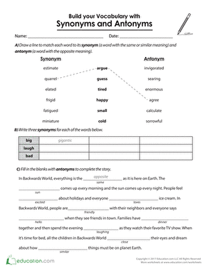 Build Vocabulary with Synonyms and Antonyms | Worksheet ...