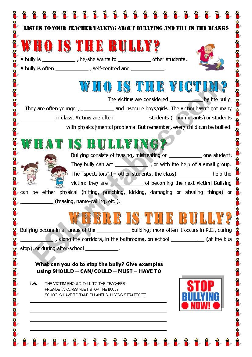 KEY INFORMATON about BULLYING - ESL worksheet by alex076