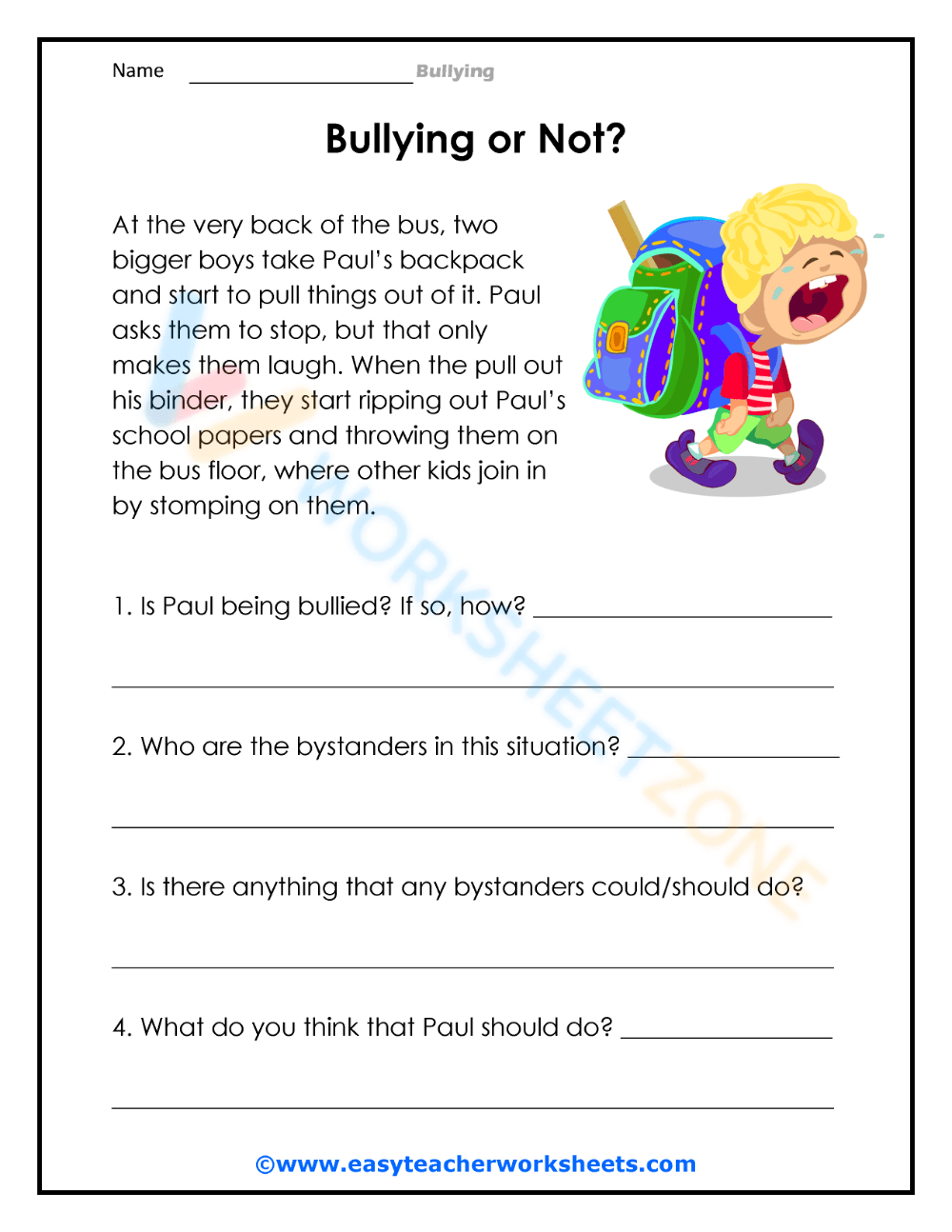 bullying worksheet for teens