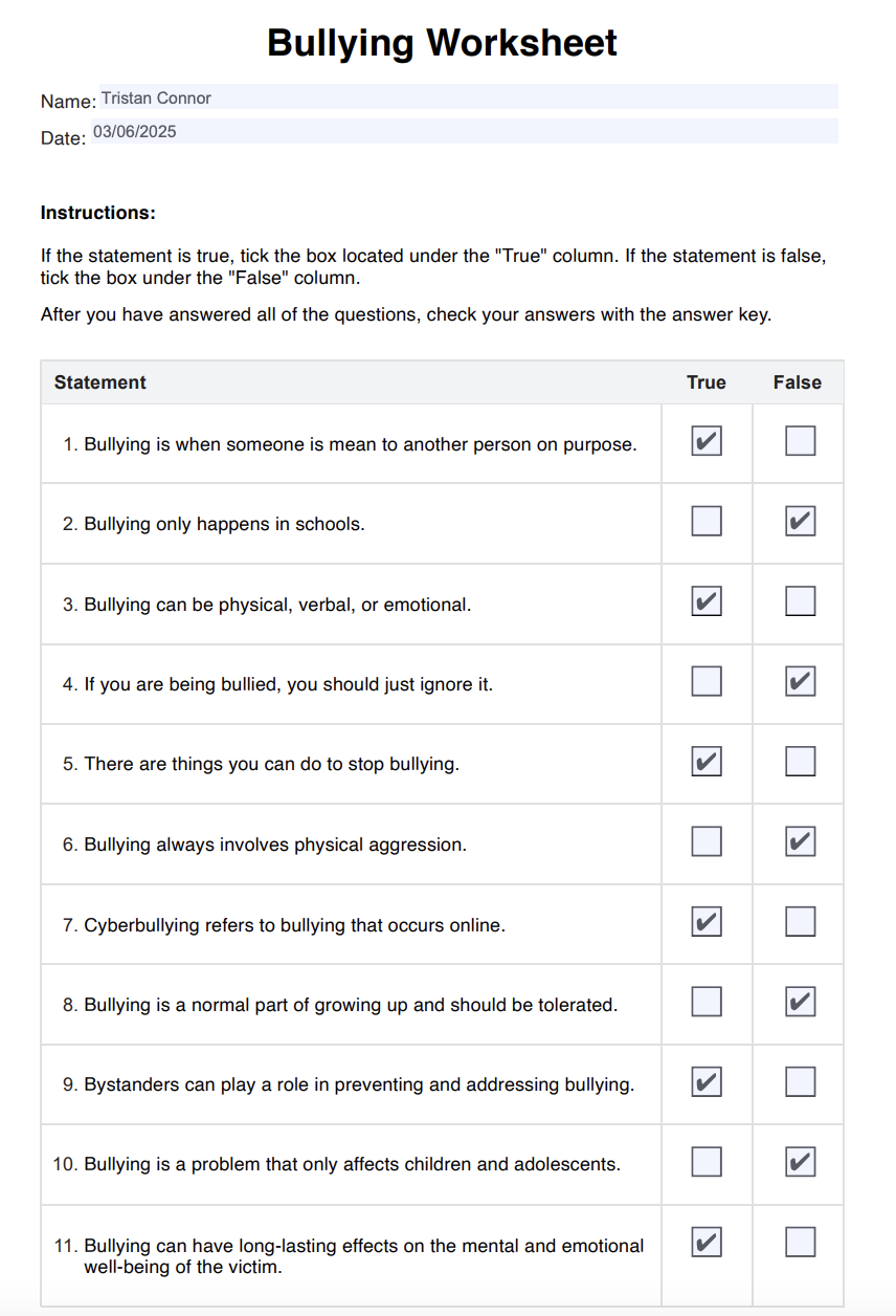 Bullying Worksheet &  Example | Free PDF Download