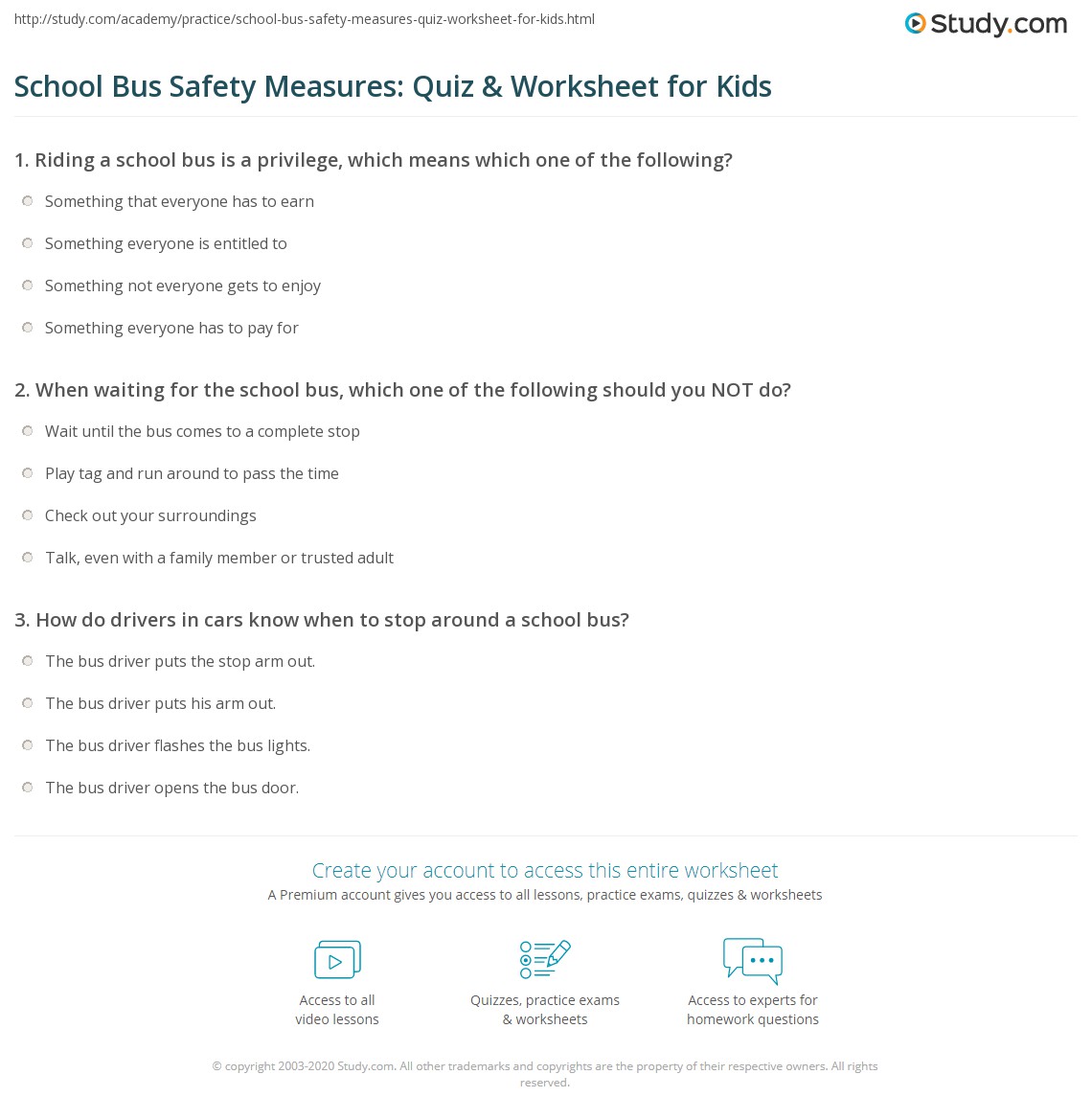 School Bus Safety Measures: Quiz &  Worksheet for Kids | Study.com