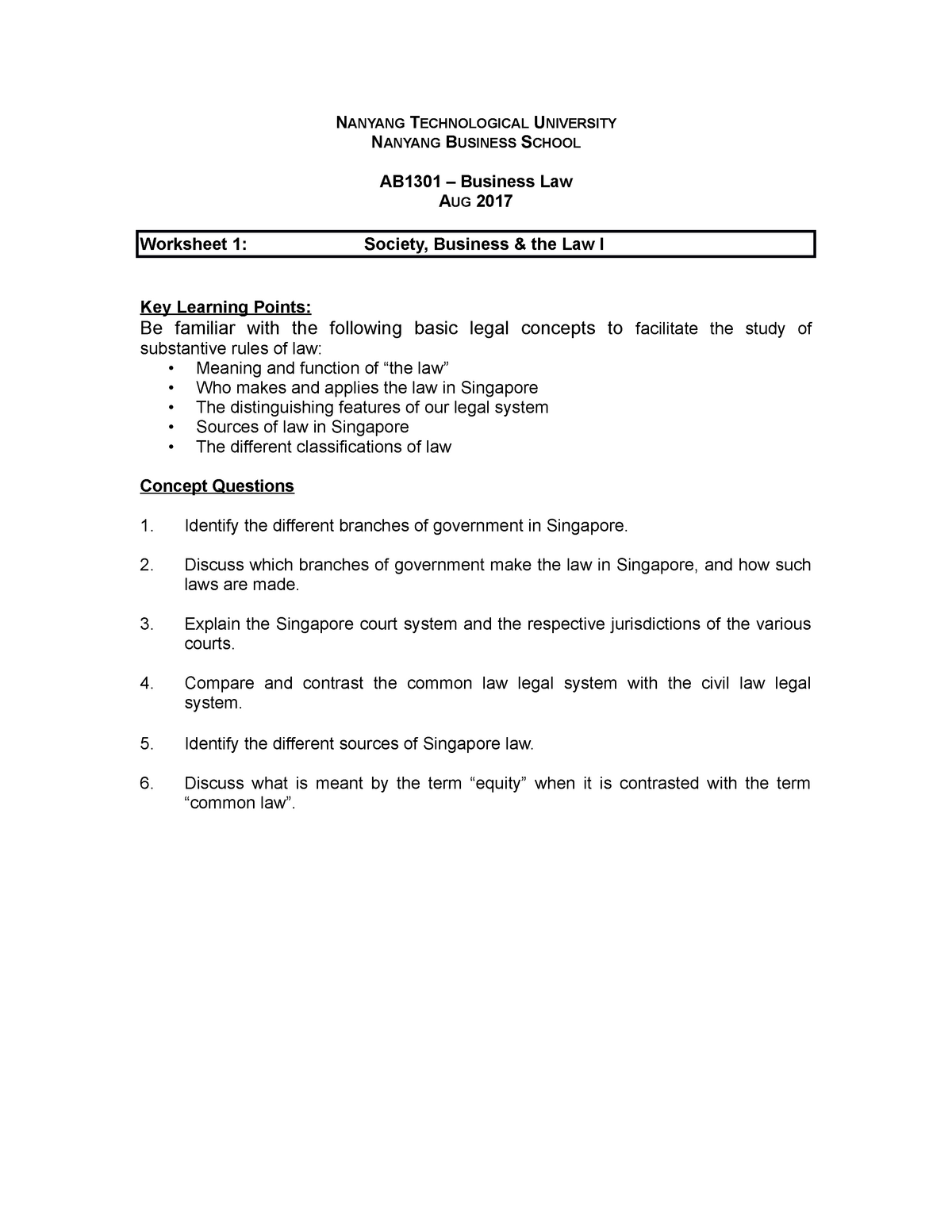 business law worksheet