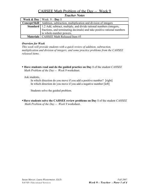 CAHSEE Math Problem of the Day -- Week 9