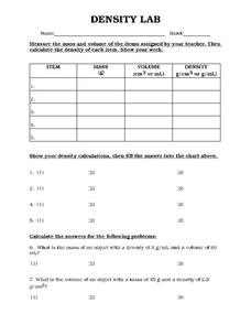Density Lab Worksheet for 8th - 10th Grade | Lesson Planet