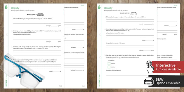calculating density worksheet