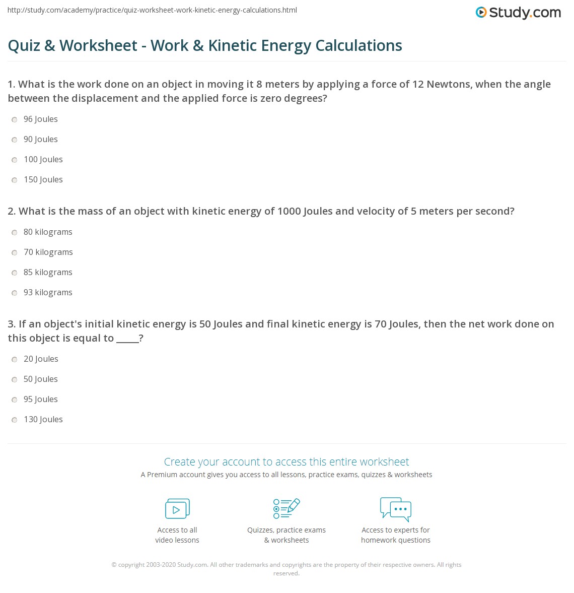 Quiz &  Worksheet - Work &  Kinetic Energy Calculations | Study.com