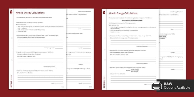calculating kinetic energy worksheet