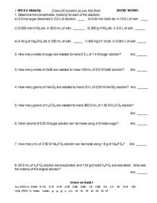 Molarity Worksheet for 10th - 11th Grade | Lesson Planet