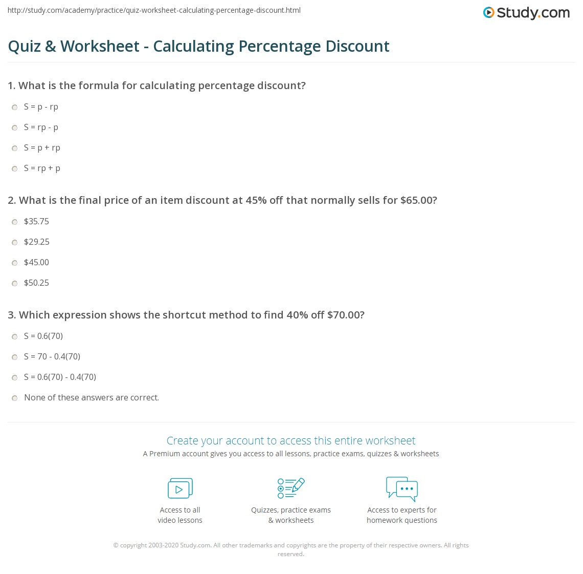 Quiz &  Worksheet - Calculating Percentage Discount | Study.com