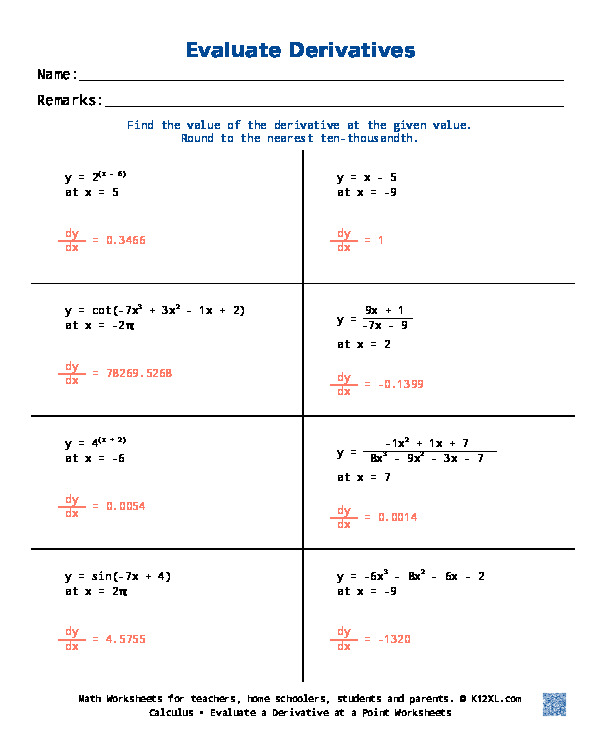 Calculus Derivatives Worksheet With Answers Partial Derivatives
