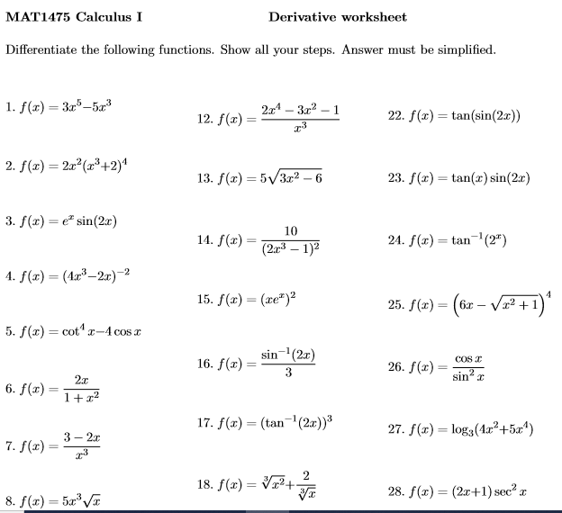 calculus worksheet derivatives