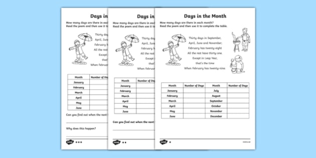 calendar months and days worksheet