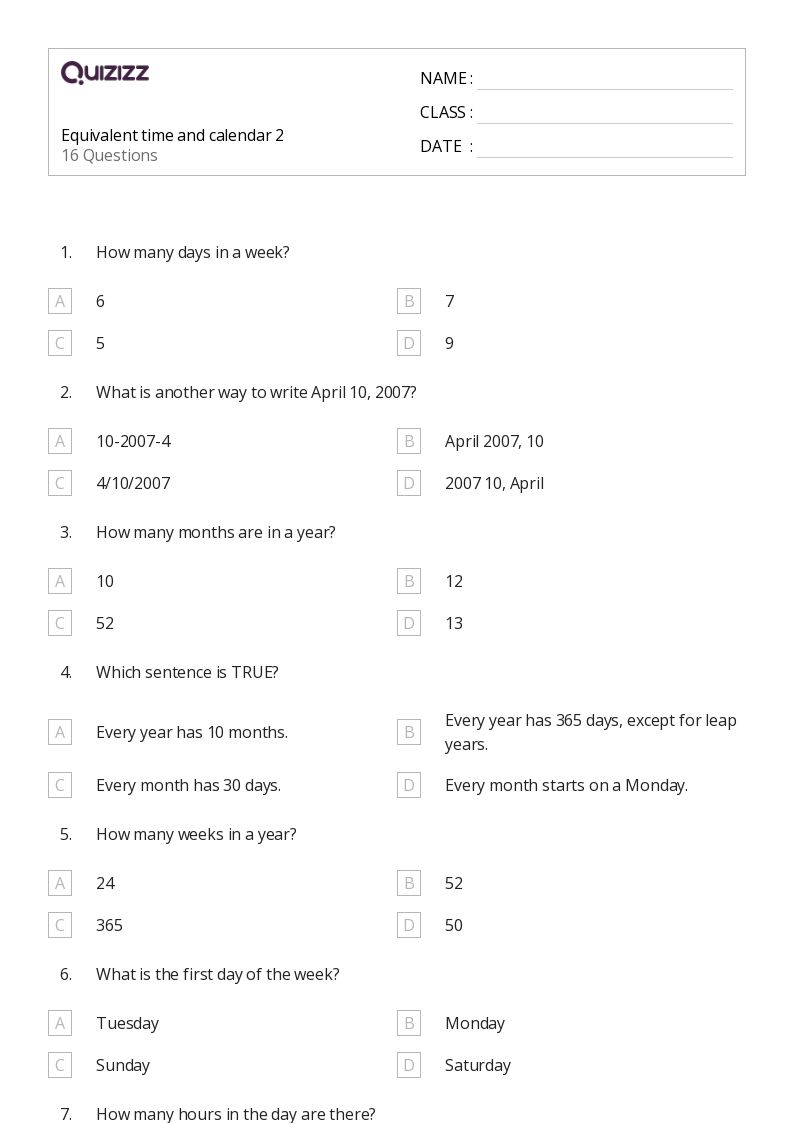 50+ Days, Weeks, and Months on a Calendar worksheets for 3rd Year ...