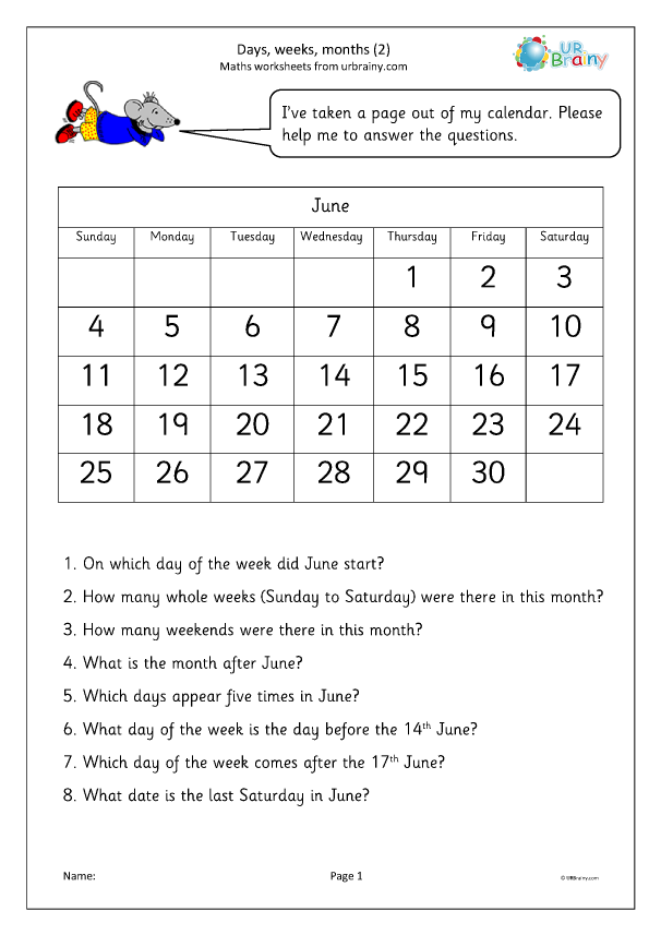 Day weeks months (2) - Measuring and Time Worksheets for Year 3 ...