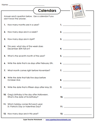 calendar questions worksheet
