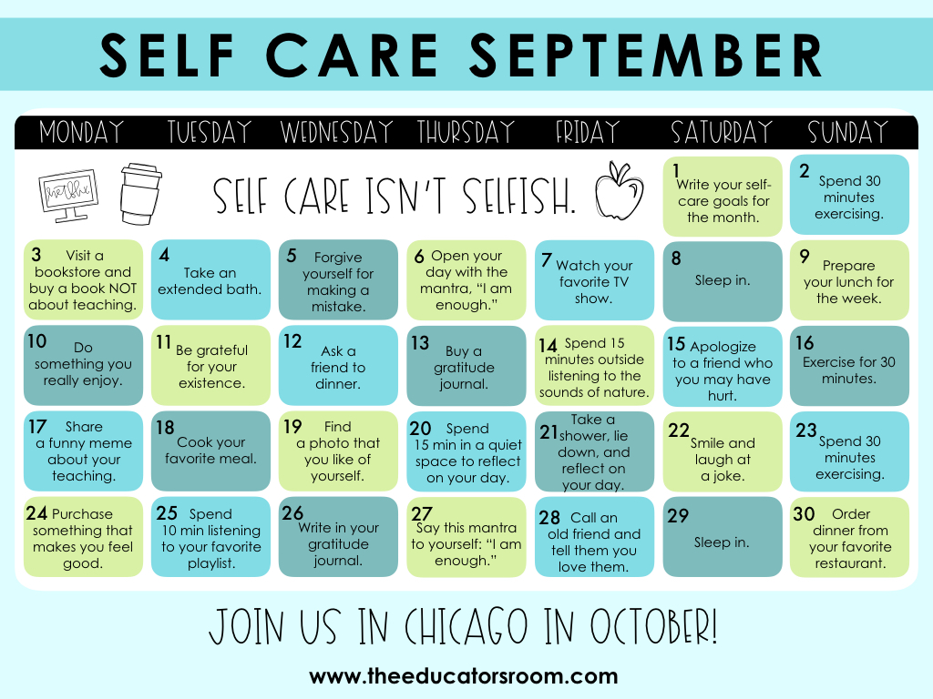 September] Teacher Self-Care Calendar For Teachers - The ...