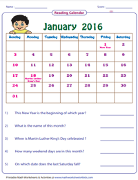 Reading Calendar Worksheets with Word Problems