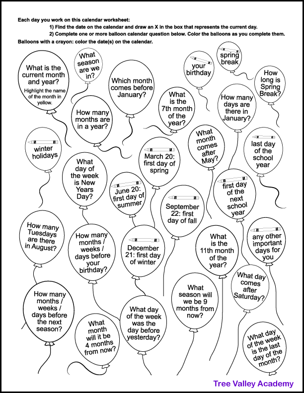 calendar worksheet for grade 3
