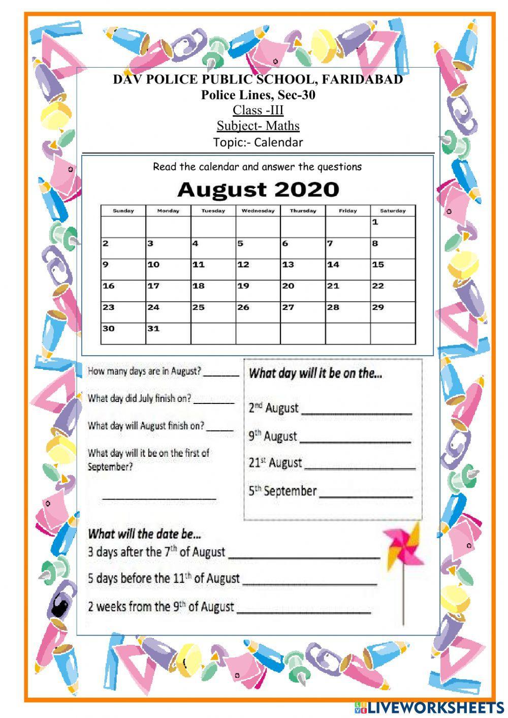 Calendar Worksheet For Grade 3 Live Worksheets Worksheets Library