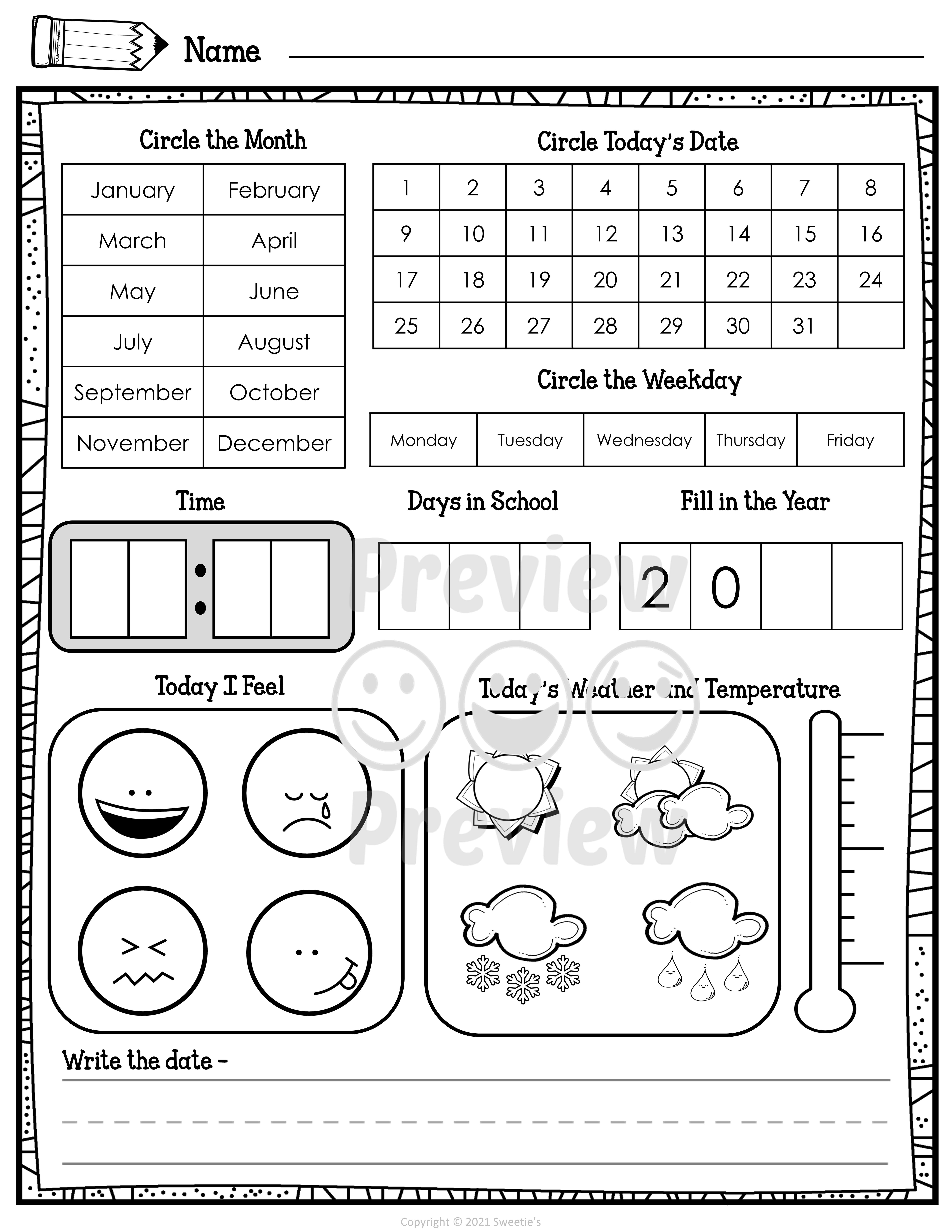 calendar writing worksheet