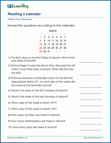 Reading a Calendar Worksheet | Worsheets library