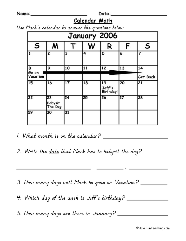 Calendar Math Worksheet  