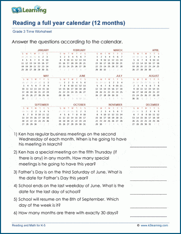 Grade 3 Calendar Worksheet: Reading a full year calendar | Worsheets library